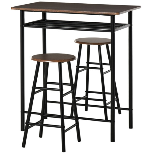 3 Piece Bar Table Set with 2 Stools Storage Shelf Black Oak