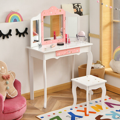 Conjunto de penteadeira infantil com banqueta, espelho triplo e gaveta. 1