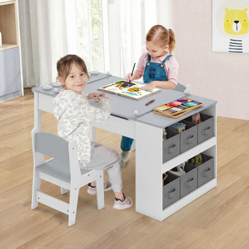 Conjunto de mesa e cavalete de arte infantil, 2 cadeiras, com espaço para armazenamento. 2