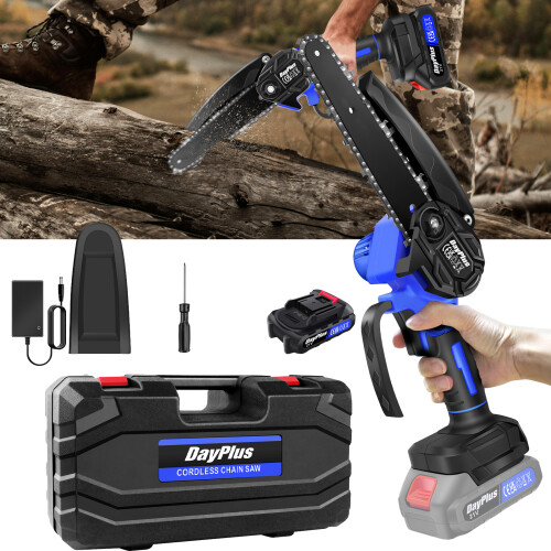 (2 Batteries) Mini Chainsaw Brushless Cordless 6 inch Battery Chain Saw for Garden, Courtyard Pruning Wood Cutting  with Chains and Carry Case