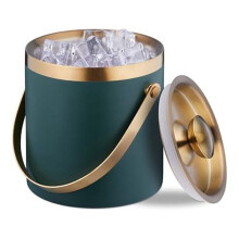 Ice Bucket, Stainless Steel, Double-Walled, Ice Bucket with Lid & Handle, 2 L, Ice Bucket Green & Gold