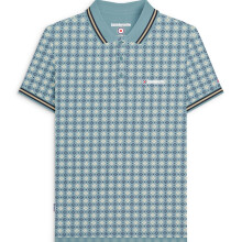 (L, Smoke Blue) Lambretta Mens Geometric Allover Print Short Sleeve Collared Polo Shirt Top Tee