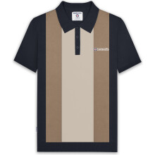 (L, Navy/Cashew) Lambretta Mens Vertical Stripe Knitted Short Sleeve Polo Shirt