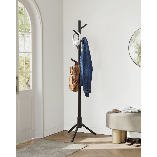 Free Standing Coat Rack - Solid Wood - Black - 8 Hooks for Entryway and Hallway 1