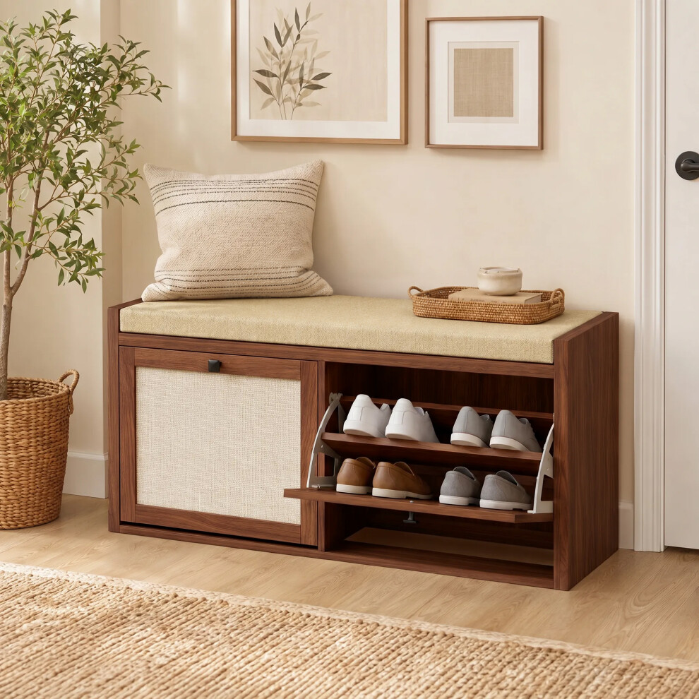 Homcom Rattan Shoe Bench With Padded Cushion And 2 Cabinets, Brown
