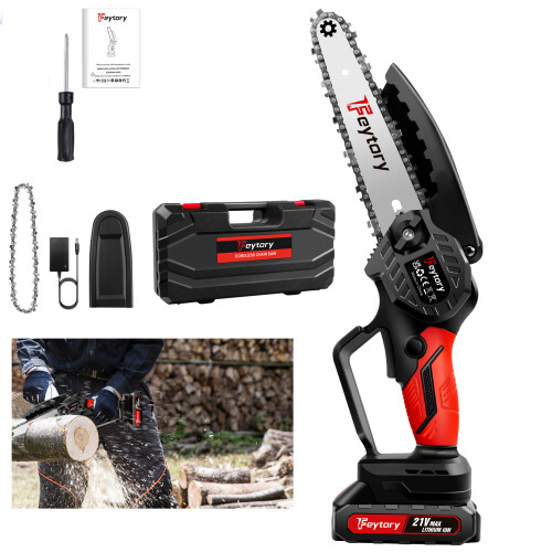(Red with 2 Batteries) Mini Chainsaw Cordless 6 Inch, Powerful Electric Chain Saw with Case for Garden Tree Cutting & Pruning