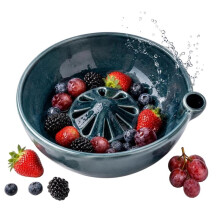 Bol de Lavage de Baies Auto-Rotatif, Bol en Céramique Émaillée avec Centre Surélevé et Trous de Drainage, Passoire à Fruits