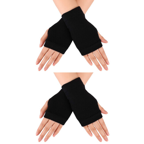 2 Paar warme, dehnbare Winter-Halbfingerhandschuhe Black