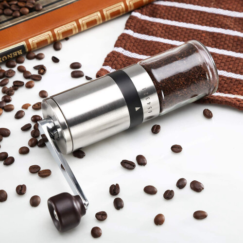 Manual Coffee Grinder - Hand Coffee Mill with Ceramic Burrs 6 Adjustable Settings - Portable Hand Crank (Straight)
