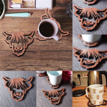 Animal Design Wooden Coasters,Wooden Highland Cow Coasters,4 PCS Scottish Highland Cow Coasters, Coasters with Base