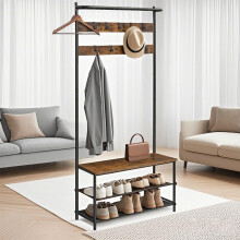 Hall Tree - Metal and Wood - Greige and Black - Entryway Bench with Coat Rack and Shoe Storage, 9 Movable Hooks