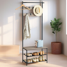 Hall Tree - Metal and Wood - Greige and Black - Entryway Bench with Coat Rack and Shoe Storage, 9 Movable Hooks