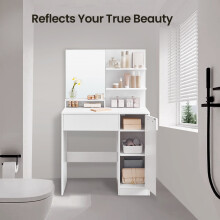 Vanity Table - Wood - Cloud White - with Mirror, 1 Drawer, 2 Shelves, and Storage Cabinet