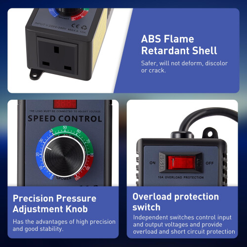 Motor Speed Controller, AC220-240V Motor Fan Speed Controller 10A Max 4000W Power Electronic Voltage Regulator, Overload Protection 2