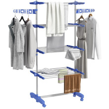 Étendoir à linge pliable à 5 niveaux, système de fixation facile, bleu et argent