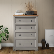 Corona Grey Wax Compact 4 Drawer Chest Solid Pine Bedroom Furniture