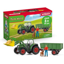 Schleich Farm World - 7 PC Green Tractor with Trailer Toy Playset with Farmer and Dog Figurine for Boys and Girls - Ranch Farming Figures - Ages 3+