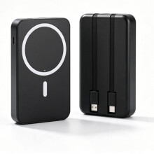 10000mAh 3-i-1 magnetisk trådlös powerbank med inbyggd typ-C- och iOS-kablar – svart