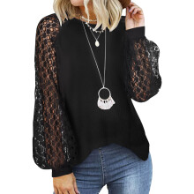 Tuopuda Damen Pullover Langarmshirt Rundhals Schwarz XL — damenpullover spitze, waffelbluse, damenstrick