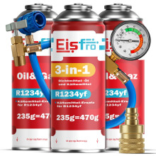 Eisfro R1234yf Klimaanlage Nachfüllset mit 3in1 Gas – 3x 235g mit Schlauch, Manometer & AZ Adapter – Auto Klimagas, ECO