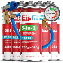 Eisfro 5in1 + 4x Kältemittel R134a & Öl 235g für Auto Klimaanlage mit Dichtmittel, UV-Farbstoff, Trockner + Schlauch