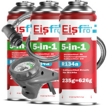 Eisfro 5in1 Kältemittel R134a + Schlauch | 3x 235g für Auto Klimaanlage mit Öl, Dichtmittel, UV-Farbstoff & Kompressorschutz