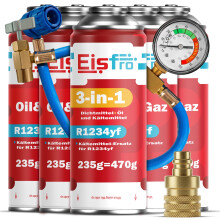 Eisfro Kit Recarga Aire R1234yf – 4x Gas R1234yf con Aceite + Gas 3en1 | Manguera y Adaptador AZ, 235g por Dosis