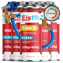 Eisfro 3en1 Kit Refrigerante R134a con Aceite y Sellador + 4x Gas R134a y Manguera – Kit Autollenado Aire Coche | 235g por Dosis