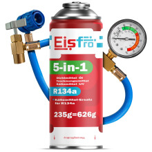Eisfro 5in1 Kältemittel R134a + Schlauch 235g für Auto Klimaanlage mit Öl, Dichtmittel, UV-Farbstoff & Trockner – Kompressorschutz
