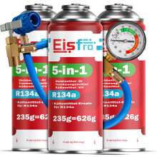 Eisfro 5in1 Kältemittel R134a x3 + Schlauch | 235g je Dose für Auto Klimaanlage mit Öl, Dichtmittel, UV & Kompressorschutz