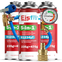 Eisfro 5in1 R1234yf x3 – Kältemittel für Auto Klimaanlage + Schlauch & YF-Adapter – Kompressorschutz | 235g je Dose