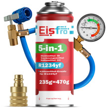 Eisfro 5in1 R1234yf – Kältemittel für Auto Klimaanlage + Schlauch & YF-Adapter – Kompressorschutz | 235g je Dose