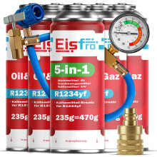Eisfro R1234yf Klimaanlage Nachfüllset – 5in1 Kältemittel XL + 4x Ersatzgas mit Öl 235g | mit Füllschlauch & AZ Adapter
