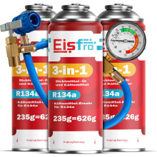 Eisfro 3in1 R134a Klimaanlage Nachfüllset – 3x 235g Gas mit Füllschlauch & Manometer zum Nachfüllen für Auto Klimaanlagen