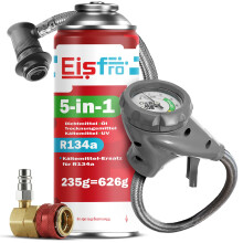 Eisfro 5in1 Kältemittel R134a + Schlauch & HP/LP-Adapter | 235g je Dose für Auto Klimaanlage mit Öl, Dichtmittel & UV