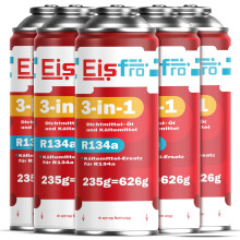 Eisfro 3in1 R134a Kältemittel Ersatzgas – Auto Klimaanlage Nachfüllset mit Dichtmittel & Öl | 5x 235g Gasflaschen Set, ECO