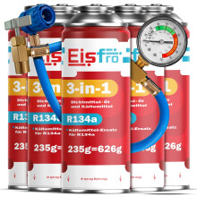 Eisfro 3in1 R134a Kältemittel Ersatzgas – 5x 235g Gasflaschen Set + Befüllschlauch – Auto Klimaanlage Nachfüllset, ECO