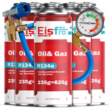 Eisfro Kit 5 Piezas Sustituto Gas R134a con Manguera – Refrigerante Recarga Fácil y Segura | Kit 5x 235g
