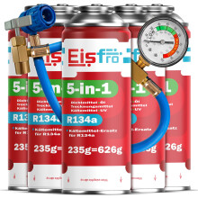 Eisfro 5in1 Kältemittel R134a x5 + Schlauch | 235g je Dose für Auto Klimaanlage mit Öl, Dichtmittel, UV & Kompressorschutz