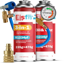 Eisfro R1234yf Klimaanlage Nachfüllset mit 3in1 Gas – 2x 235g mit Schlauch, Manometer & AZ Adapter – Auto Klimagas, ECO