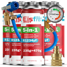 Eisfro 5in1 R1234yf x5 – Kältemittel für Auto Klimaanlage + Schlauch & YF-Adapter – Kompressorschutz | 235g je Dose