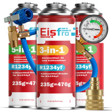 Eisfro R1234yf Klimaanlagen Set – 1x R1234yf + 2x 5in1 Gasflaschen mit Öl, Dichtmittel, UV & Trockner | mit Schlauch & YF Adapter
