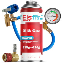 Eisfro Ersatz für R134a Kältemittel Gas 1x 235g mit Schlauch, Manometer & HP/LP Adapter – Auto Klimaanlage Nachfüllen, ECO