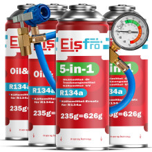 Eisfro 5in1 Set: 1x R134a Gas/Öl + 2x R134a 5in1 XL 235g für Auto Klimaanlage mit Dichtmittel, UV & Trockner + Befüllschlauch