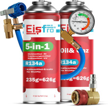 Eisfro Klimaanlage Nachfüllset: 1x R134a Ersatzgas + 1x 5in1 Kältemittel mit Füllschlauch & HP/LP Adapter | 2x 235g