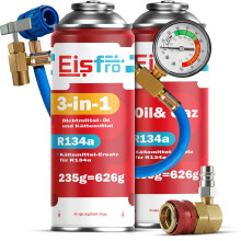 Eisfro AC Recharge Kit: 1x R134a Replacement Gas + 1x 3in1 Refrigerant with Charging Hose & HP/LP Adapter | 2x 235g