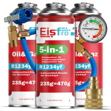 Eisfro R1234yf Klimaanlage Nachfüllset – 5in1 Kältemittel XL + 2x Ersatzgas mit Öl 235g | mit AZ Adapter & Schlauch