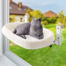 Window hammock for cats 6030 cm — 18 kg support, 4 suction cups, steel frame, reversible cover (white)