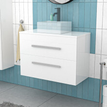 Nes Home 800mm Wall Hung Cabinet 2 Drawer with Worktop - Gloss White