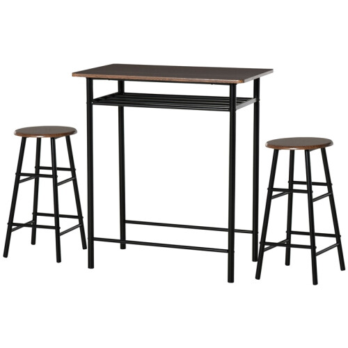 3 Piece Bar Table Set with 2 Stools Storage Shelf Black Oak 1